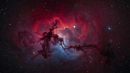 Obraz premium Vibrant Red and Blue Deep Space Nebula with Swirling Cosmic Gas and Glowing Star Field, Ultra-Realistic Astrophotography Background.