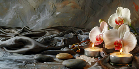 Plakat Serene spa arrangement with orchids, candles, and smooth stones for relaxation