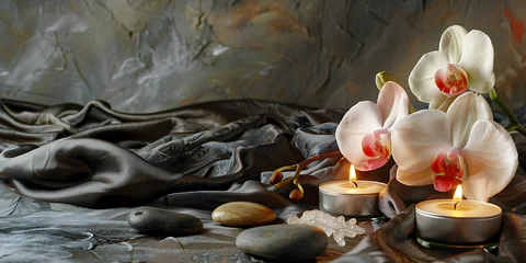 Sierkussen Spa Serene spa arrangement with orchids, candles, and smooth stones for relaxation  © Adnan