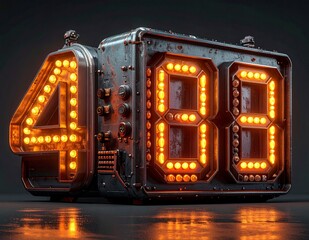Vintage Industrial Digital Display Showing Number 488 with Glowing Orange Bulbs on Dark Background.
