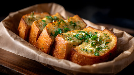 Golden Garlic Bread Delight: Close-up of four golden-brown slices of garlic bread, meticulously prepared with savory seasonings and aromatic herbs. The bread is nestled in a natural, rustic setting. 