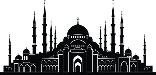 Islamic mosque silhouette, black white design, Ottoman style, religious architecture, domes and minarets, Muslim skyline, vector art, prayer place © Nur Creations