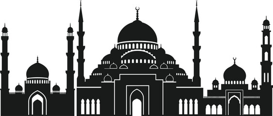 Islamic mosque silhouette with multiple domes and minarets, black vector illustration, perfect for Eid, Ramadan, Muslim architecture, and design projects © Nur-Nobin Creations