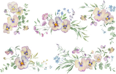 Watercolor floral arrangements with viola flowers and eucalyptus leaves. Delicate botanical compositions. Vector EPS.