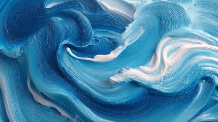 A close-up view presents an abstract composition, showcasing flowing, textured strokes in shades of blue and white, creating a dynamic visual effect