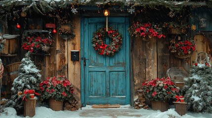Festive winter cabin door, snowy Christmas decorations, rustic background, holiday greeting card