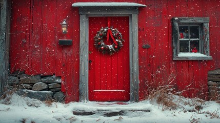 Red cabin door, Christmas wreath, snowy winter scene, holiday card