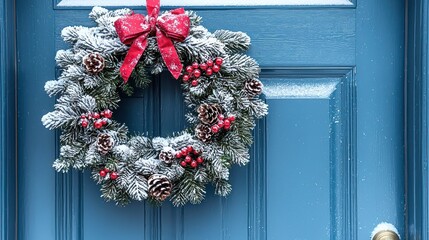 Snowy Christmas wreath on blue door; winter holiday home decor