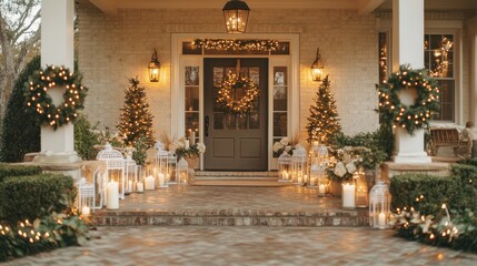 Festive home entrance, Christmas decor, warm lighting, evening scene, holiday card
