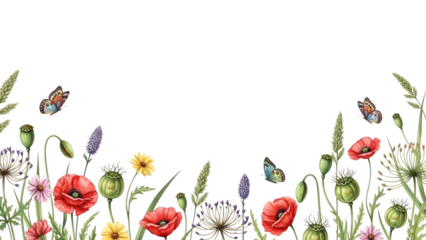 Watercolor wildflowers and seed pods botanical illustration design element isolated on transparent background