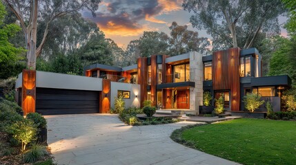 Modern Architectural Home with Geometric Design Amidst Lush Greenery at Sunset
