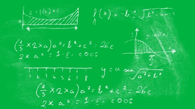 Animation of mathematical formulae appearing on black and white background
