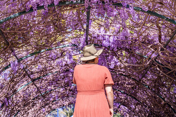 Woman in Hat and Coral Dress Standing Under Archway of Blooming Purple Wisteria Flowers
