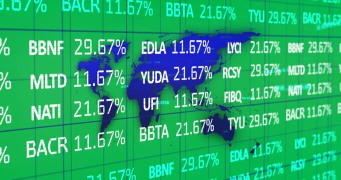 Animation of numbers and stock market statistics rolling over a grid and blue world map