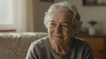 Elderly Woman Smiling at Home in Warm Afternoon Light