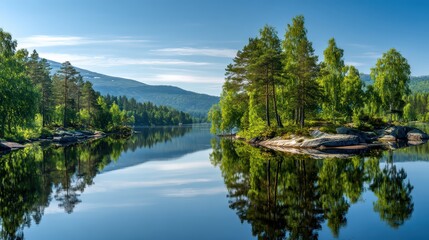 Picturesque Landscape with Green Island in Calm Blue Lake and Lush Trees Reflecting on the Water on a Sunny Day Under Clear Sky
