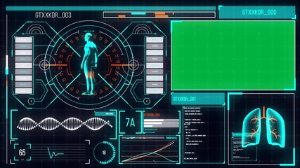 Animation of medical data processing on digital interface screen with human model and DNA strand - Powered by Adobe