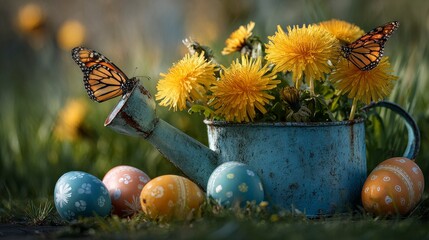 A vibrant Easter scene featuring decorated eggs and a weathered watering can brimming with dandelions and two monarch butterflies, set in a sunny field