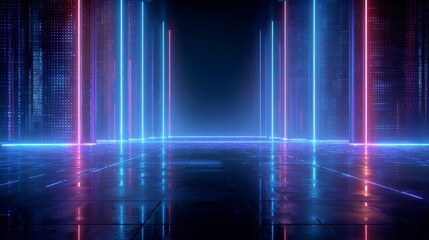 Futuristic hallway lit by vibrant neon tubes, reflecting on a wet, polished floor with a data-filled background