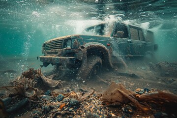 Off road vehicle driving underwater in a river, creating air bubbles and mud