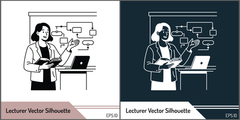 Female Lecturer Teaching and Presenting Lesson with Laptop Vector Illustration