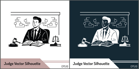 Judge Reading Law Book at Court Desk Vector Silhouette Illustration