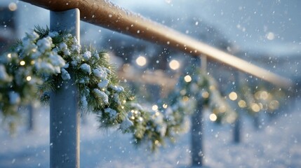 Snowy outdoor parallel bars decorated with garland for holiday gymnastics,