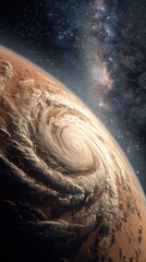 Planetary View of A Large Hurricane Forming on A Brown Surface with City Lights Twinkling Beneath Swirling Clouds Against A Stunning Starry Sky Backdrop