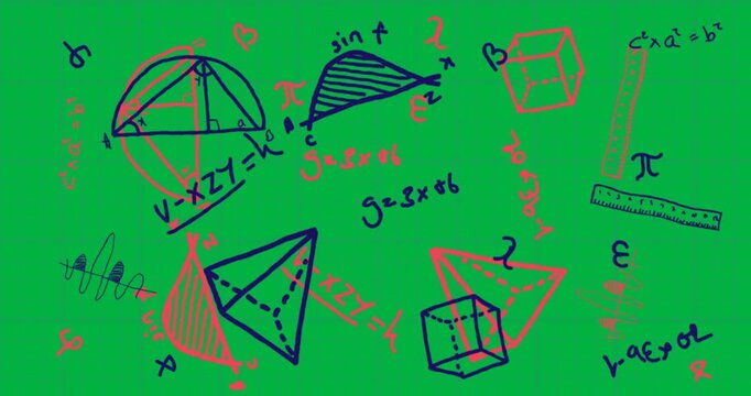 Mathematical equations and geometrical shapes moving against blue background