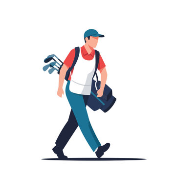 A stylized illustration of a golf caddie or player walking while carrying a bag of clubs on his shoulder.