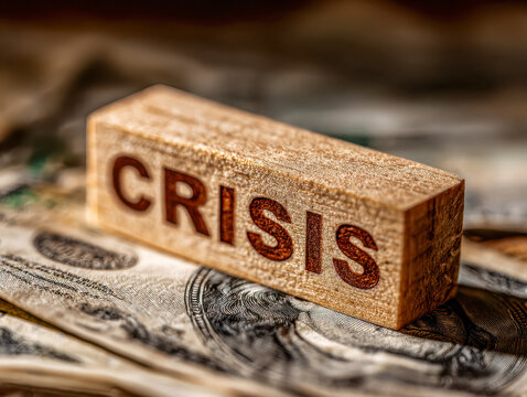 Wooden block with the word crisis placed on scattered us dollar bills symbolizing financial instability or economic challenges and uncertainty in business environmen - Powered by Adobe