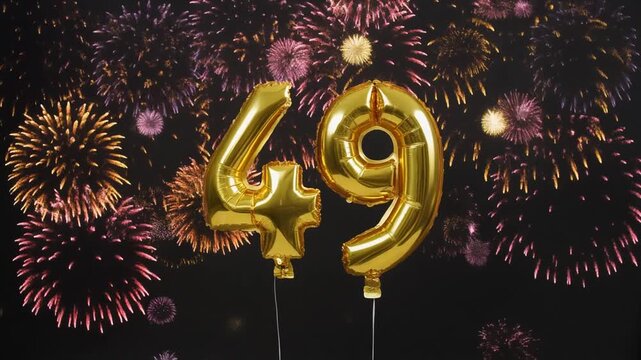 Gold balloon number 49 with fireworks in the background. Festive scene for birthday or anniversary party