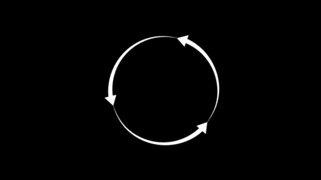 Minimalist white three-arrow circular rotation animation on black background representing a continuous cycle, workflow process, system update, or refresh loop for business.
