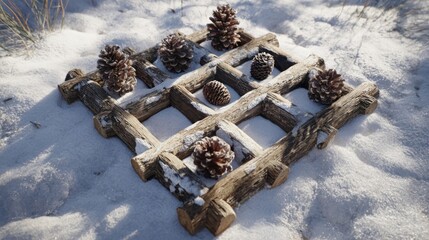 Snowy outdoor tic-tac-toe board made from logs and pinecones,