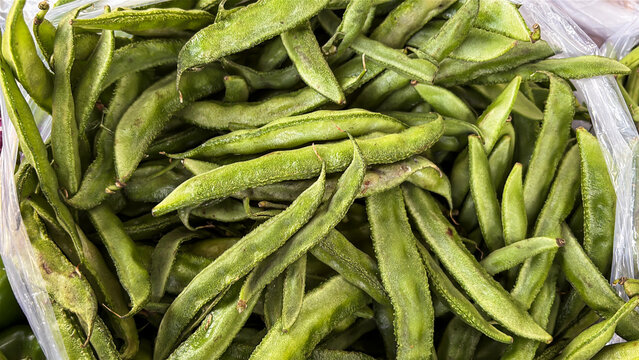 fresh green cluster beans piled in plastic bag at local vegetable market