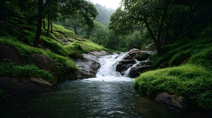 Fototapeta premium A serene lush green waterfall cascades over weathered rocks amidst a dense tropical forest creating a tranquil natural scene