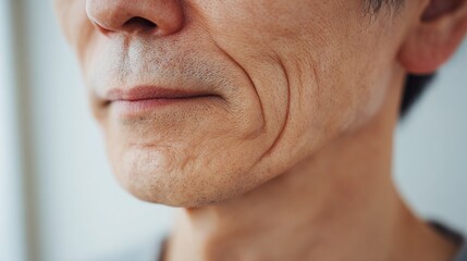 口元のほうれい線と首のシワが目立つ高齢男性の肌