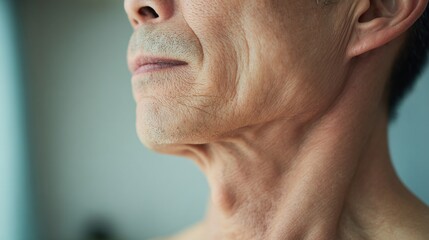 Obraz premium 斜めから見たシニア男性の首元の皮膚の緩みとシワ