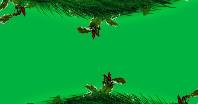 Animation of decoration with green fir tree and holly branches on black background