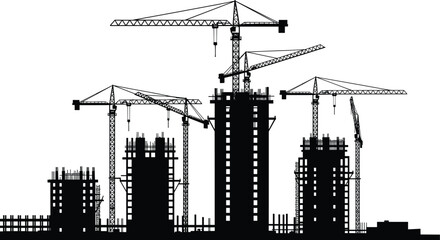 Construction site silhouette, tower cranes, high-rise buildings, urban development, scaffolding, engineering progress, city skyline, vector illustration, black and white, architecture scene © Tohidul
