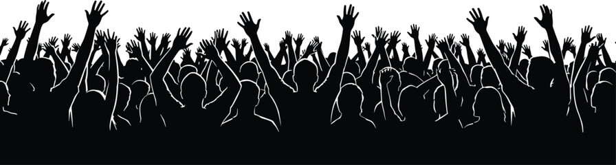 Fototapeta premium Crowd silhouette, raised hands, unity, celebration, protest scene, concert audience, vector illustration, black and white, people gathering, collective energy