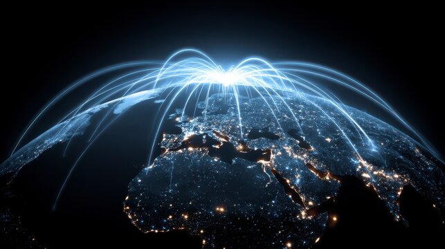 Illuminated globe depicting global connectivity with glowing blue lines radiating from a central point, showcasing communication networks - Powered by Adobe