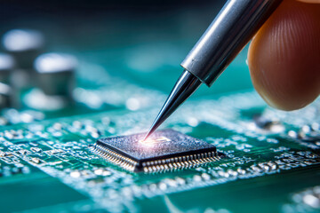 Precision electronic repair with a tool adjusting a microchip on a circuit board showcasing advanced technology and intricate craftsmanship in engineering work