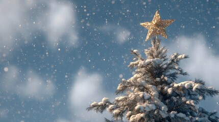 snowy pine tree with golden star topper,