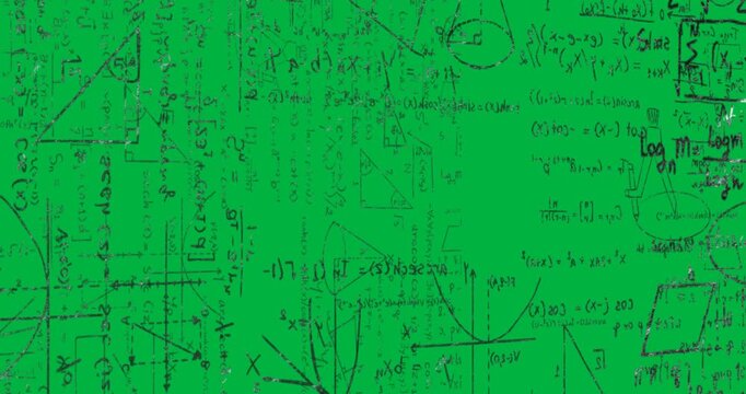 Animation of white mathematical equations and geometric drawings on blackboard