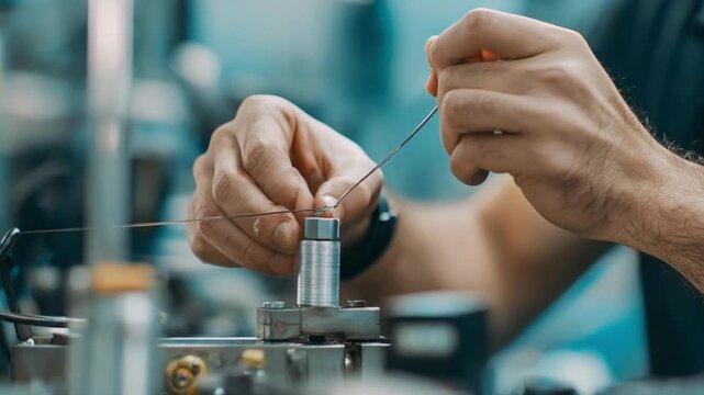 Medium shot of technician examining wire diameter using optical gauge in bright industrial setting for quality control.