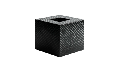 A cube-shaped object with a square opening, made of carbon fiber, set on black