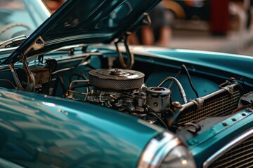 Fototapeta premium Open hood of a classic car, revealing the engine, radiator, and air filter