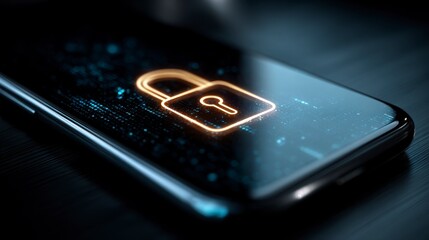 Close-up of a smartphone screen displaying a glowing padlock icon, symbolizing digital security and data protection