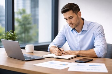 businessman in a professional suit sitting at office desk with laptop